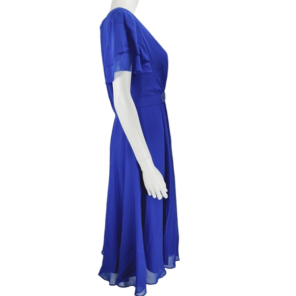 Elegance Blue Short Sleeve Occasion Party Dress UK 12 100% Silk Beaded - Picture 2 of 6